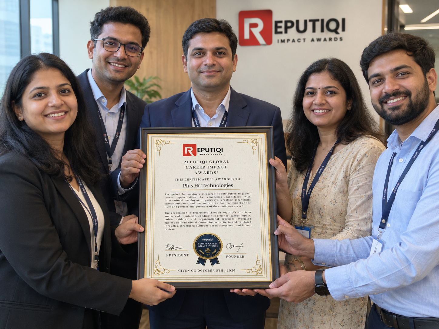 Plus HR Technologies team receiving the Reputiqi Global Career Impact Awards certificate