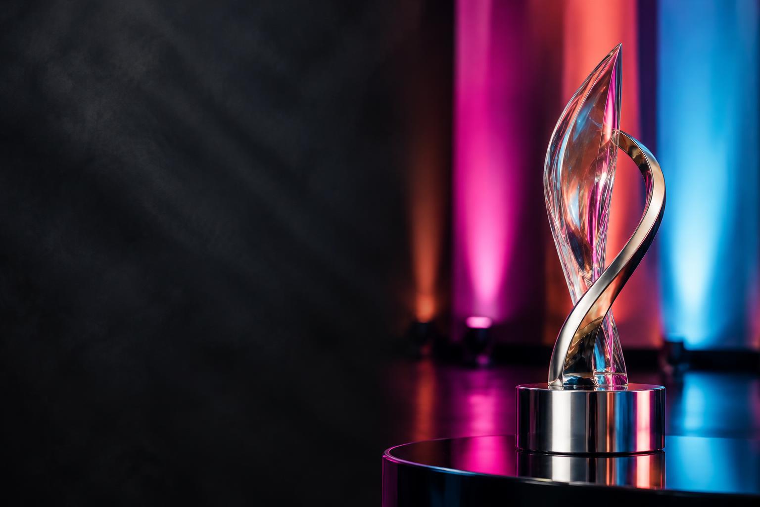 Glass impact award illuminated by colourful stage lights